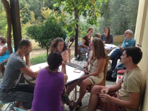 A World Cafe outside, under the vine leaves, at the AoPL Axladitsa, 2014
